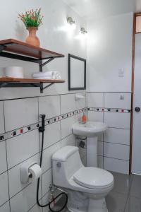 a bathroom with a toilet and a sink at Casa Alojamiento Tocllaraju in Tarica