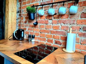 a brick wall with a counter with a tv on it at Browarna 14 jacuzzi, prestige in Racibórz