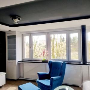 Black & White في راسيبورز: غرفة معيشة بها نافذتين وكرسي أزرق