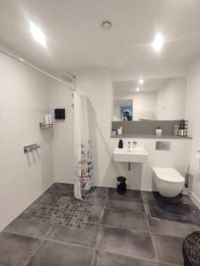 a bathroom with a toilet and a sink at Immaculate 3-Bed Apartment Homes in London in London