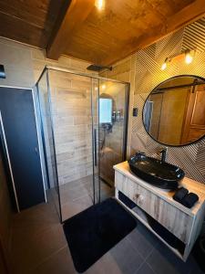 艾蓋爾紹洛克的住宿－BeLaWood，一间带水槽和淋浴的浴室