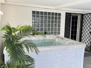 a bath tub in a room with a palm tree at Villa con Jacuzzi in Ponte Galeria