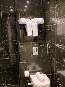 La salle de bains est pourvue d'une douche, de toilettes et de serviettes. dans l'établissement Elite Pyramids Boutique Hotel, au Caire