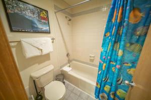 ein Bad mit einem WC und einem Duschvorhang in der Unterkunft Slopeside 2773a in Keystone