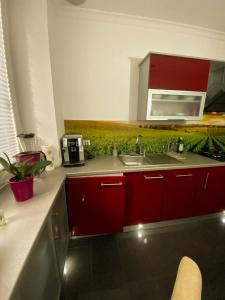 una cucina con armadi rossi, lavandino e forno a microonde di Turzyn Apartament: Idealne miejsce na Twój wypoczynek a Stettino