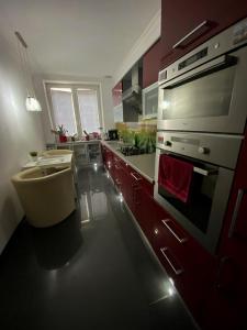 una cucina con lavandino e piano cottura forno superiore di Turzyn Apartament: Idealne miejsce na Twój wypoczynek a Stettino