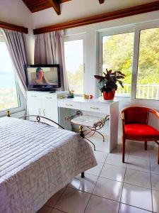 una camera con letto e TV di Baso Hilltop Apartments ad Argásion