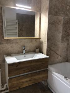 a bathroom with a sink and a mirror and a tub at Appartement cœur de ville décoré en pierre naturelle in Chinon