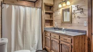 Un baño con lavabo, inodoro y ducha. en Cozy Bear Lodge, en Morganton 46 fotos más