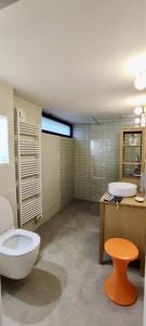 a bathroom with a toilet and a sink at Tres belle maison en bois,dans la Marina, 10pers, au bord de leau in Lacanau