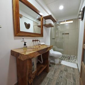 a bathroom with a sink and a toilet and a mirror at Zenith Bed & Breakfast in Pereira