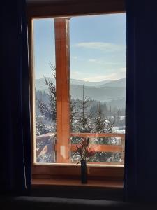 a window with a view of a snow covered mountain at Ferienhaus für 8 Personen und 2 Kinder in Kiczora, Schlesien in Milówka