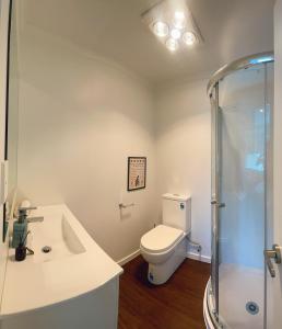 uma casa de banho branca com um WC e um chuveiro em 4 En-suite Rooms Town House em Hamilton