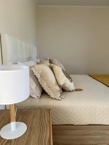 a bedroom with a bed with pillows and a lamp at Success House in Calheta