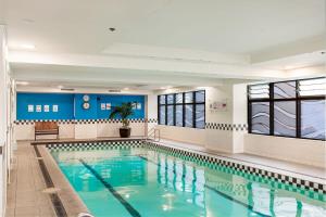 a large swimming pool with blue walls and windows at Cosy studio on Queen Street in Auckland
