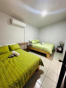 een slaapkamer met 2 bedden en groene lakens bij Jonka House Private Jungle Oasis in Chachagua