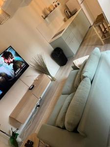 Little house (near Paris & Airport) في درانسي: غرفة معيشة مع أريكة وتلفزيون بشاشة مسطحة