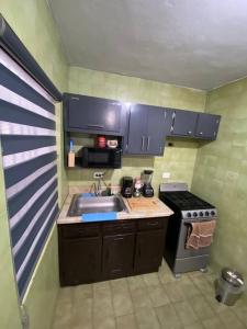 a small kitchen with a sink and a stove at Casa empresarial 5 minutos de puente internacional in Reynosa