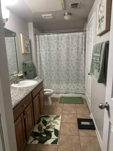 La salle de bains est pourvue d'un lavabo, de toilettes et d'une douche. dans l'établissement Devine Livings at Hermann Park, à Houston