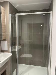 a glass shower in a bathroom with a sink at Luxurious 2 Bedroom Apartment in Barking