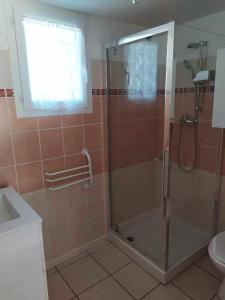 ein Badezimmer mit Dusche mit Glastür in der Unterkunft Villa les pieds dans l'eau in Borgo