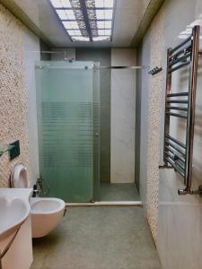 een badkamer met een douche, een toilet en een wastafel bij Luxury villa 8 bedrooms in Baku