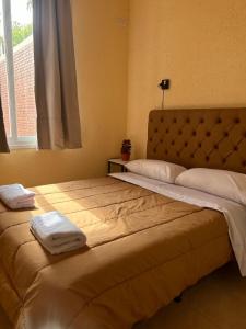 RUTA DEL VINO - Complejo Turístico في Coquimbito: غرفة نوم بسرير كبير عليها مناشف