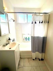 een badkamer met een douchegordijn en een wastafel bij Minimalist 1 bed by Airport & Old Town in San Diego