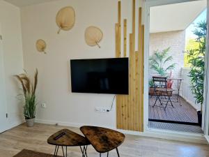 ein Wohnzimmer mit 2 Stühlen und einem Flachbild-TV in der Unterkunft L'Hacienda / F2 de standing Cergy /parking inclus in Cergy