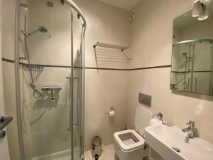 a bathroom with a shower and a toilet and a sink at Modern 3 bedroom apartment on Lake Maggiore in Maccagno Inferiore