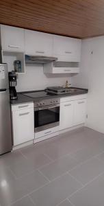 a white kitchen with a stove and a refrigerator at Ferienwohnung in Friedberg Hessen für max. 3 Personen in Friedberg