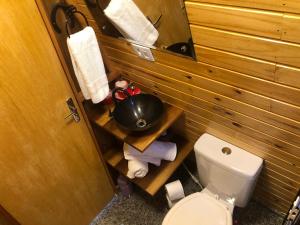 a small bathroom with a toilet and a sink at Pousada e sítio do Robinho in Timbe do Sul
