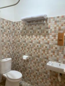 a bathroom with a toilet and a sink at Hotel Kembang Joyo in Palu