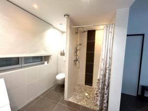 La salle de bains est pourvue d'une douche et de toilettes. dans l'établissement Maison de 3 chambres avec jardin clos et wifi a Saint Denis d'Oleron, à Saint-Denis-dʼOléron