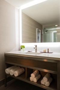 uma casa de banho com um lavatório e um espelho grande em Renaissance Waterford Oklahoma City Hotel em Oklahoma City