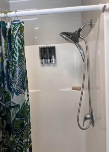 nevera blanca con cabezal de ducha en el baño en UNIT C - Sandy Toes Getaway in Kona, en Kailua-Kona