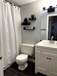 a white bathroom with a toilet and a sink at Cozy Downtown Oasis in Hartford
