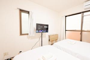 two beds in a room with a tv and a window at Shinjuku Waseda Earthtone Apartment in Tokyo