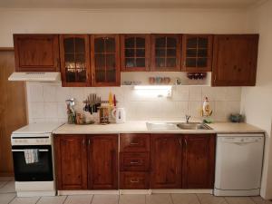 a kitchen with wooden cabinets and a sink and a stove at Štýlový Apartmán Andrea blízko Snowlandu Valča in Stará Turá