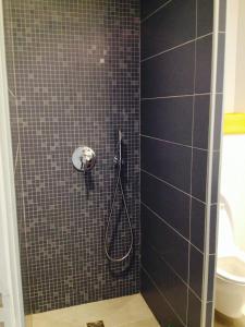 baño con ducha de azulejos negros en Lazuli Lodge en Azur