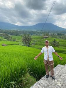 un hombre parado frente a un campo de arroz en Teras Subak Jatiluwih, en Jatiluwih