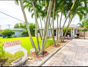 a house with palm trees in front of a driveway at Philllips Tropical Paradise in Fort Lauderdale