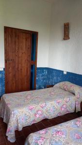a bedroom with two beds and a wooden door at La Pievaccia in Binami