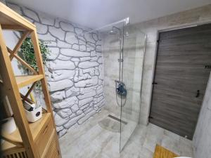 a bathroom with a shower with a stone wall at Vila Kyra in Rtina