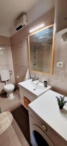 ein Badezimmer mit einem Waschbecken, einem WC und einem Spiegel in der Unterkunft Apartment V&S in Pula