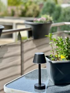 uma pequena lâmpada sentada numa mesa ao lado de um vaso de plantas em pottapartments - balkon - küche - wifi - nespresso em Herne