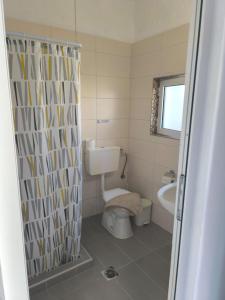 a bathroom with a toilet and a shower curtain at Falirakion Beach Studios in Faliraki