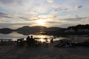 a group of people sitting on a bench on the beach at sunset at Ulvsvåg Gjestgiveri og Fjordcamping AS in Ulvsvåg