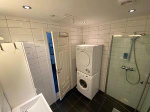ein Bad mit einer Waschmaschine und einer Dusche in der Unterkunft Moderne og sentral leilighet på Geilo in Geilo