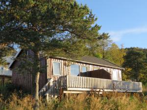 a wooden house with a porch and a tree at Ulvsvåg Gjestgiveri og Fjordcamping AS in Ulvsvåg